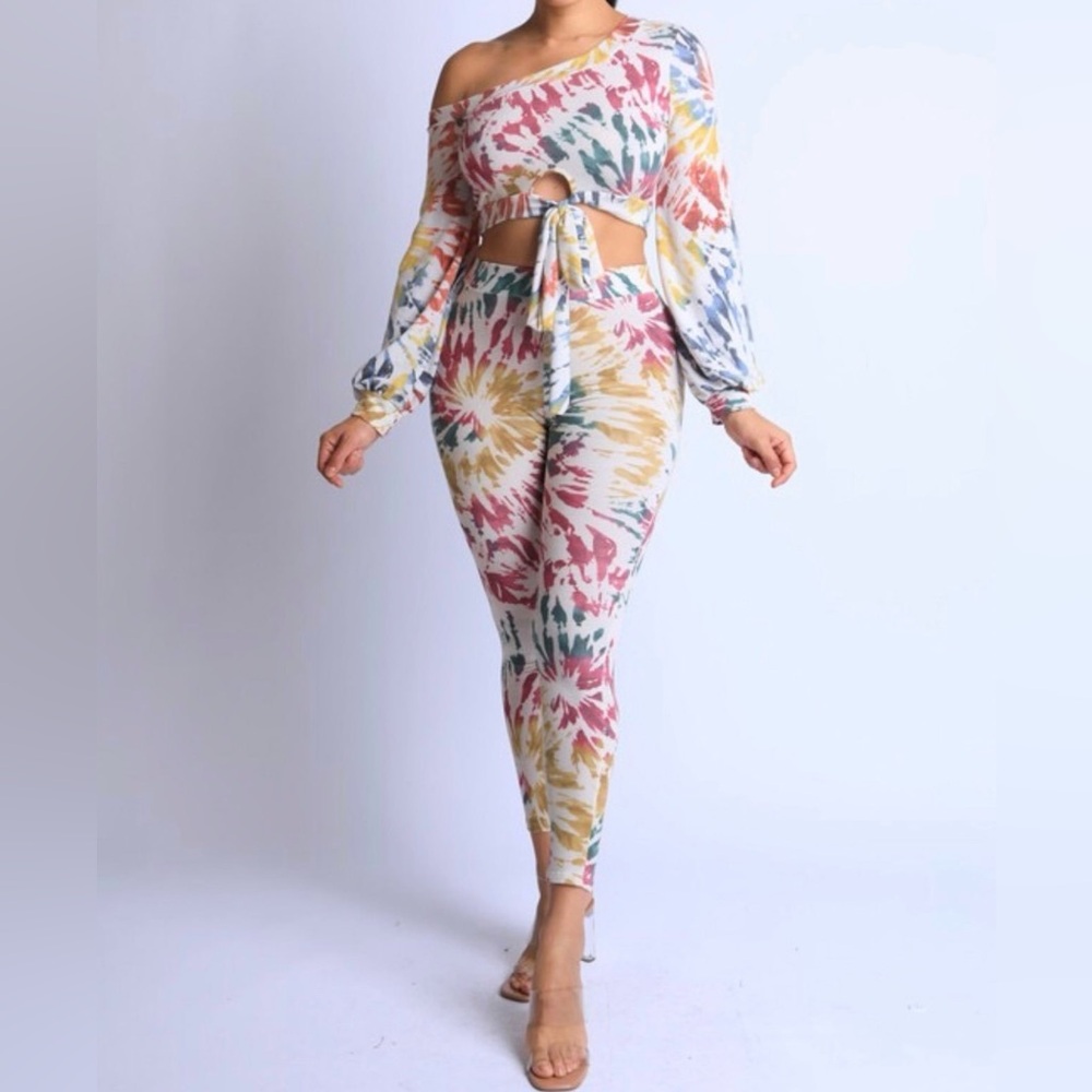Colorful Two piece Two Piece Off Shoulder Asymmetrical Top and Leggings Set